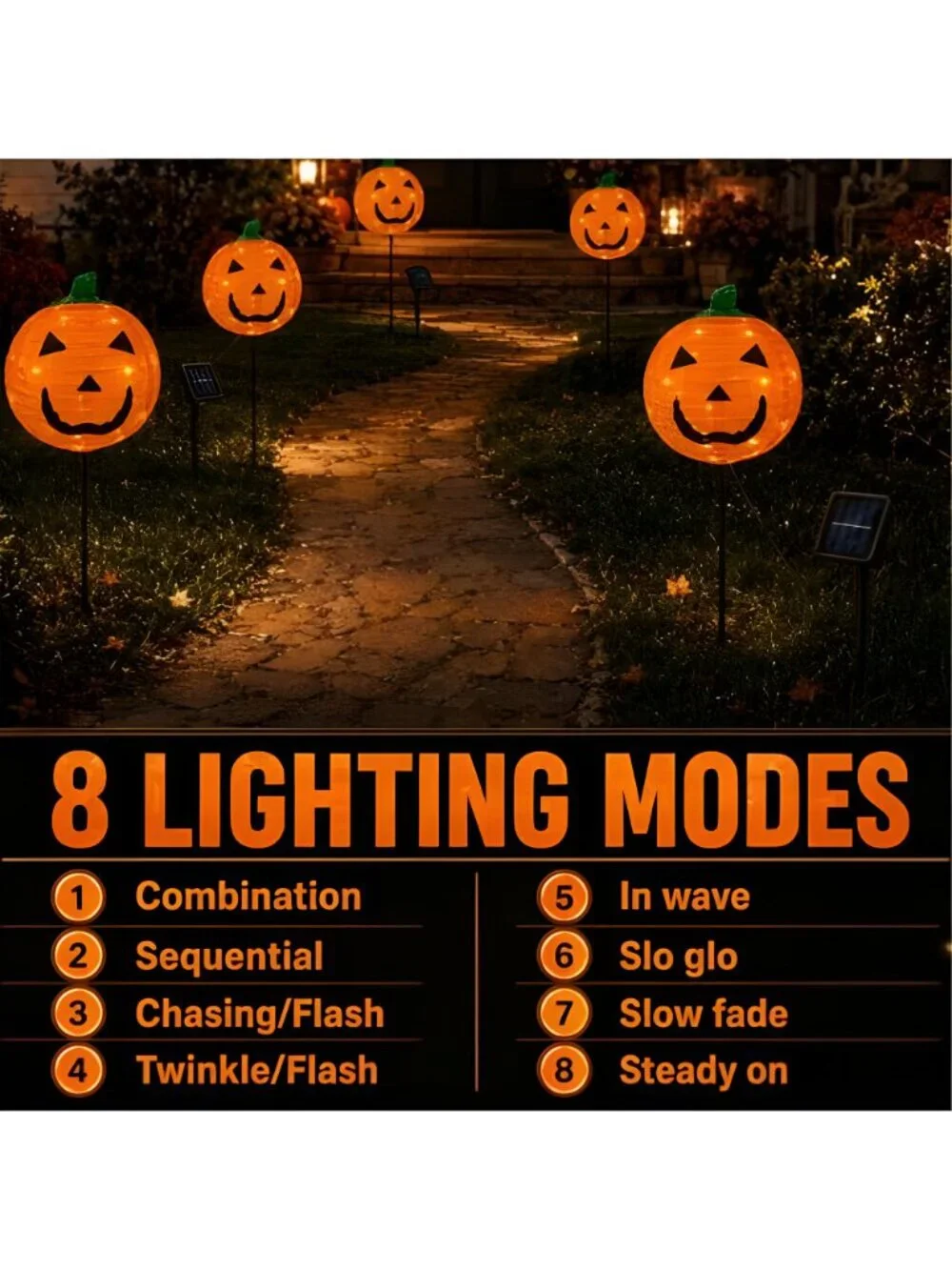 2Pack Solar Halloween Pumpkin Stake Light with 8 Lighting Modes, Fabric Lantern